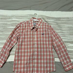 Boys Coral Plaid Button-Down Shirt with Subtle Logo